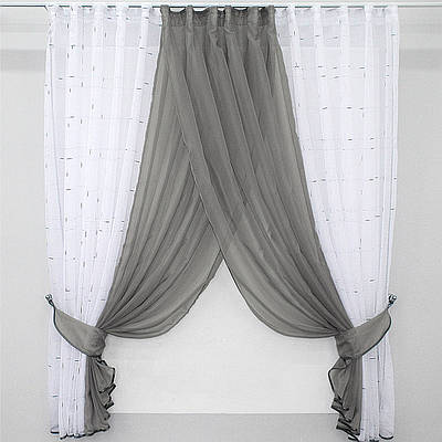Кухонні шторки (400х160см.) з підв'язками. Колір сірий з білим. Код 109к 59-481