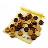 Фишки для нард с мешочком (д-28мм,выс-10мм) кубики в комплекте,цвет натуральное дерево и коричневые.