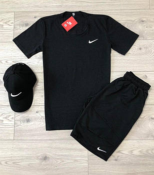 Чоловічий літній костюм Nike Футболка + Шорти + Кепка чорний комплект Найк