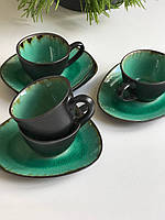 Набор чашек с блюдцем кофейный 4+4 шт Olens "GREEN LAGUNA" 100 мл керамика зеленый черный для дома и ресторана