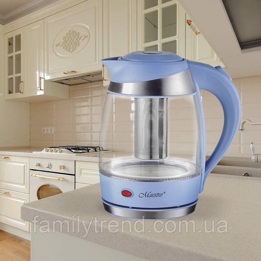 Електричний чайник скляний 1.8 л Maestro MR-065-BLUE Електрочайник дисковий з підсвіткою 2200 Вт