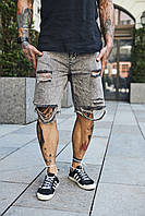 Мужские джинсовые шорты светло-серые рванные с потёртостями
