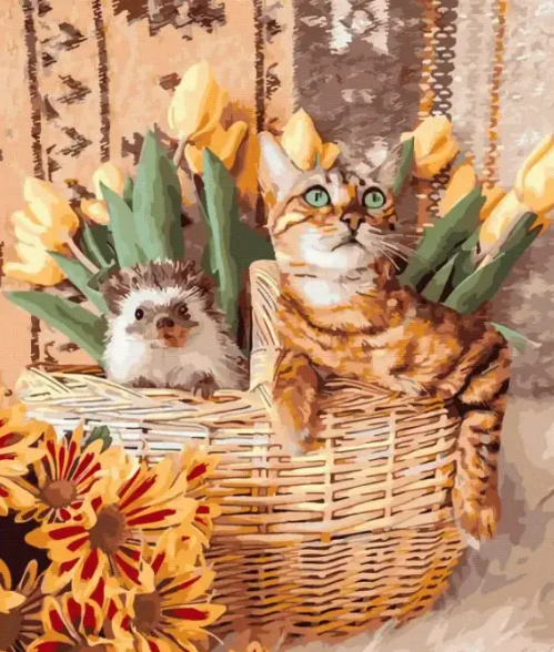 Картина за номерами тварини Котик та їжачок 40х50см Картини в цифрах Розмальовка за номерами Rainbow Art GX45023, фото 1