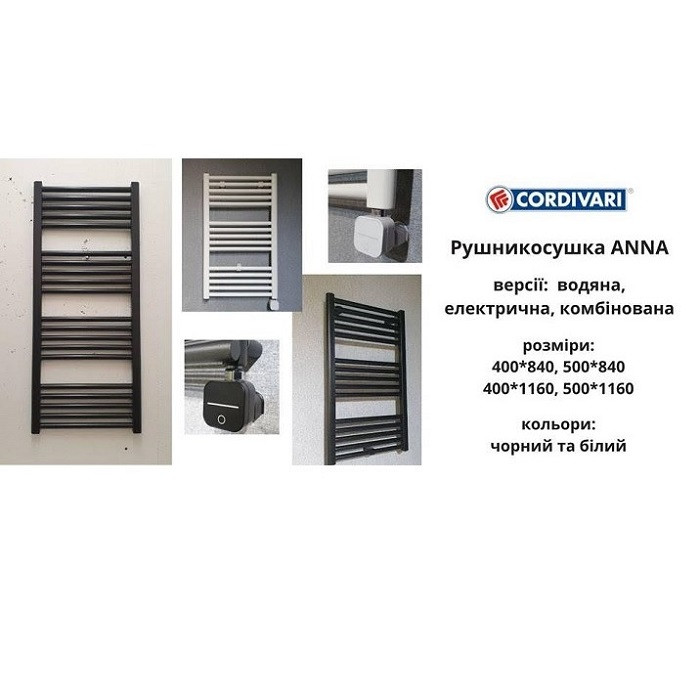 Полотенцесушитель электрический черный скрытый ТЭН 500x840 Cordivari Anna - фото 7 - id-p1498491639