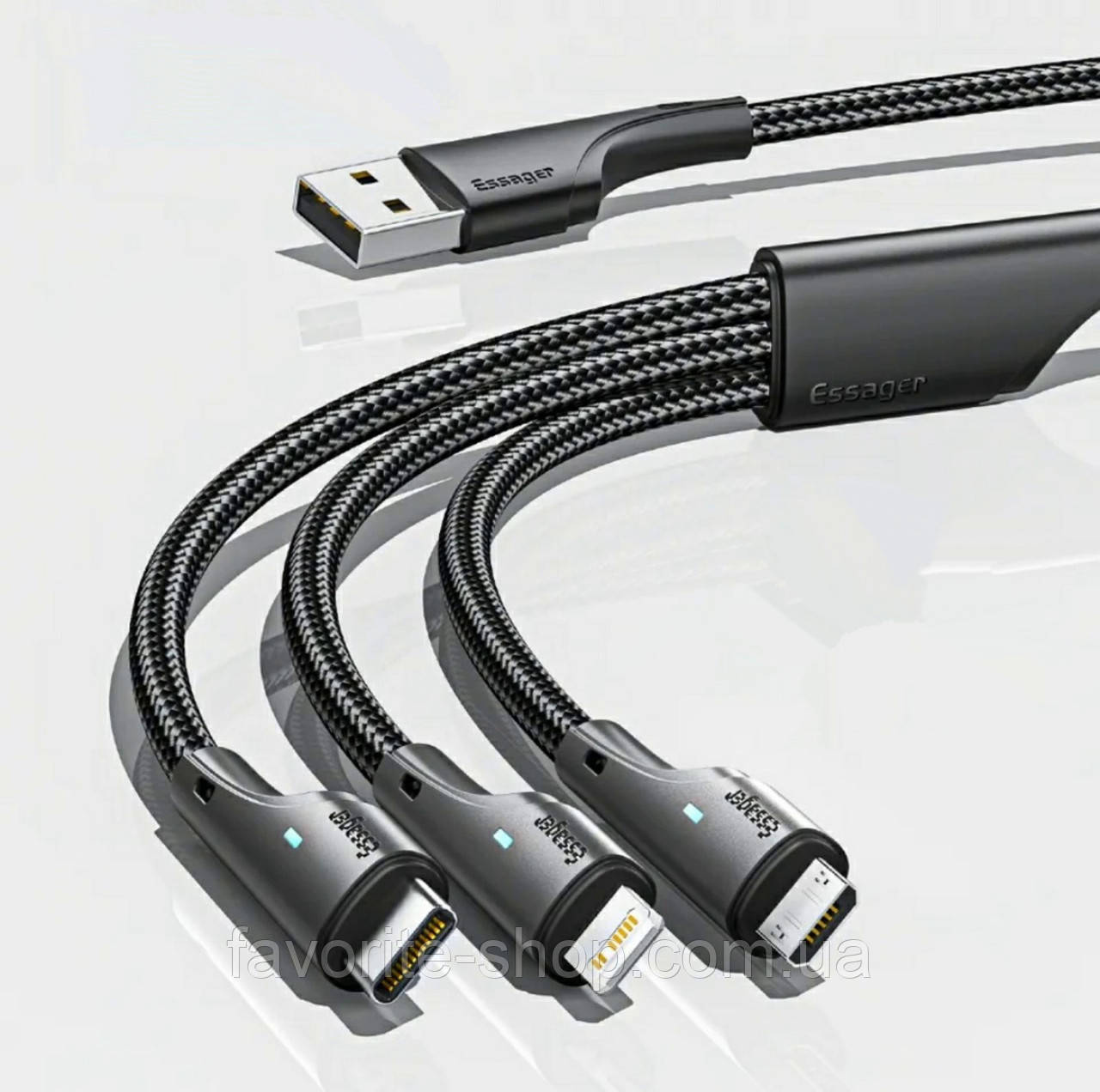 Універсальний кабель Essager 3в1 (USB - Lightning + Micro USB + Type-C 3A 1.2м)