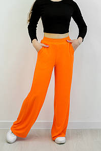 Палаццо брюки для дівчинки трикотаж широкий рубчик з кишенями, колір апельсин