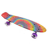 Скейт оригинал "Penny Board FISH" с принтом Радугой со светящимися колесами LED (Пенни лайт)