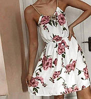 Красивое модное стильное летнее шифоновое женское платье сарафан в розовый цветочек белый р.42/46
