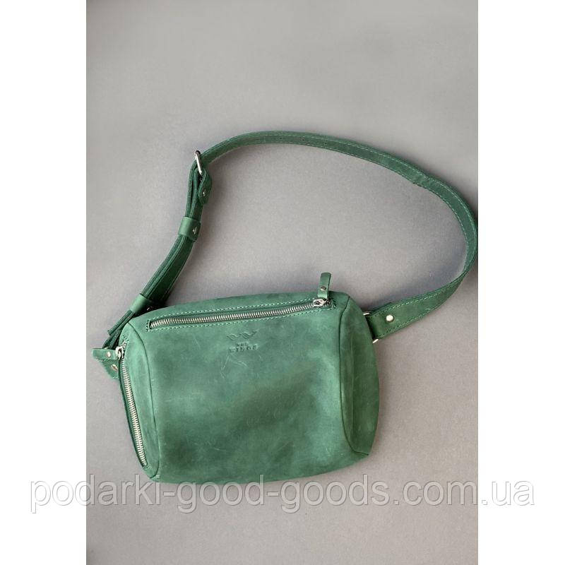 Шкіряна поясна сумка Easy зелена вінтажна зі шкіряним ременем GG
