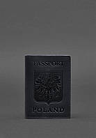 Шкіряна обкладинка для паспорта з польським гербом темно-синя Crazy Horse