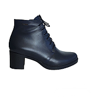 Ботинки женские кожаные синего цвета на каблуке 42, Байка, Весна/осень
