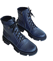 Ботинки женские кожаные со шнурком синего цвета на утолщенной подошве 37, Байка, Весна/осень