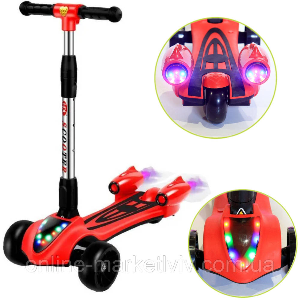Дитячий триколісний самокат Kids Scooter з димом, музикою та підсвічуванням, Червоний / Самокат для дітей