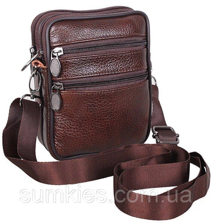 Чоловіча шкіряна сумка через плече компактна барсетка коричнева 16х12