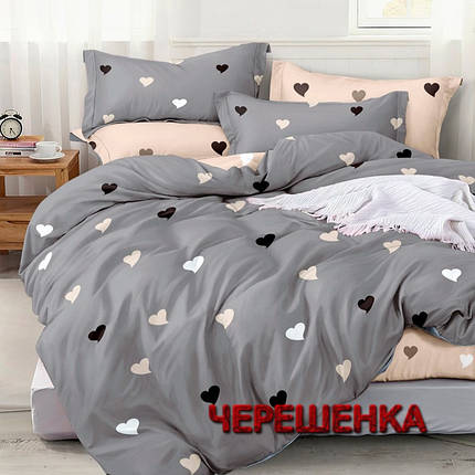 Тканина для постільної білизни Бязь "Gold" Lux GL1928 (A+B) - (50м+50м) серця на сірому та бежевому, фото 1
