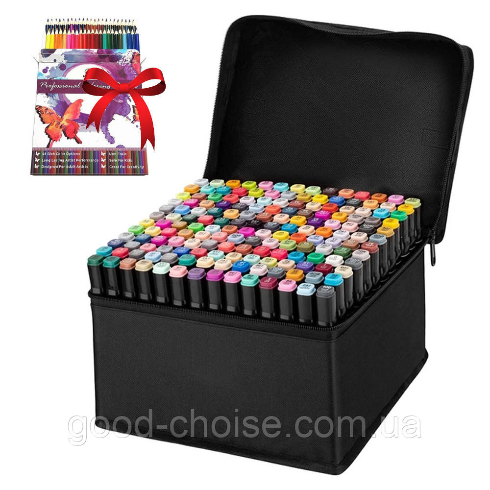 Набір маркерів 120 шт для малювання з сумкою + Подарунок Набір олівців / Двосторонні скетч маркери, фото 1
