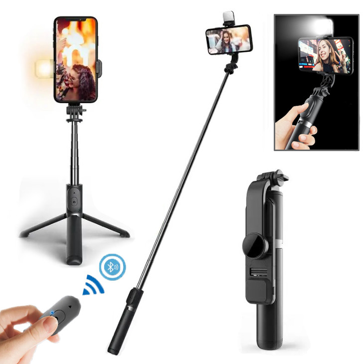 Бездротова селфіпалиця Selfie Stick Fill Light штатив трипод з підсвіткою з пультом Android IPhone Bluetooth