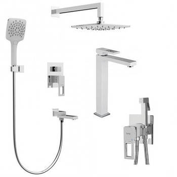 Душова система + високий змішувач на умивальник + гігієнічний душ прихованого монтажу білий хром