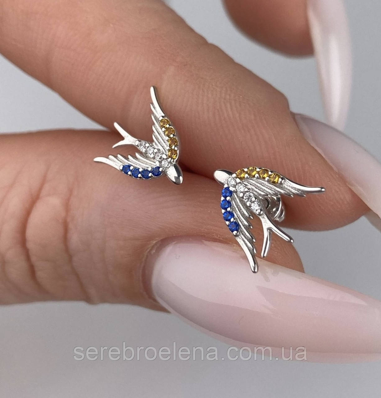Срібні сережки патріотичні пташки родій 1325.90, фото 1