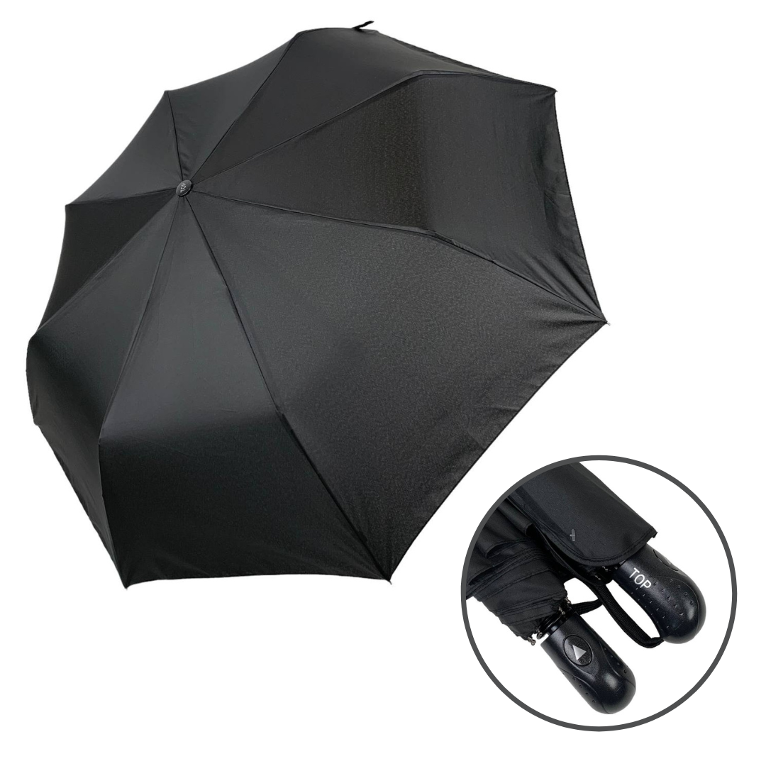 Чоловіча складана парасолька напівавтомат чорного кольору з прямою ручкою від Toprain, є антивітер, 02010-1