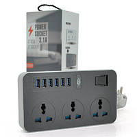 Мережевий фільтр подовжувач 3*220 В розетки із 6*usb роз'ємами 3.1 A настільний з вимикачем і захистом Сірий
