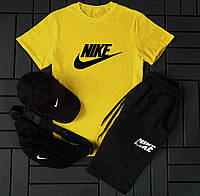 Мужской спортивный костюм Nike летний комплект Найк Футболка + Шорты + Кепка + Банка желтий
