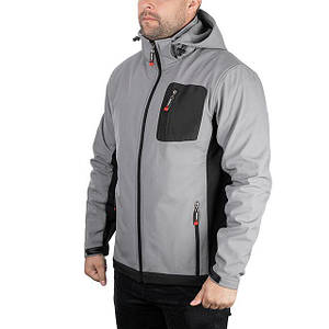 Куртка SOFTSHELL світло сіро-чорна, з капюшоном, тришарова, тканина стрейч 300 GSM 100D з