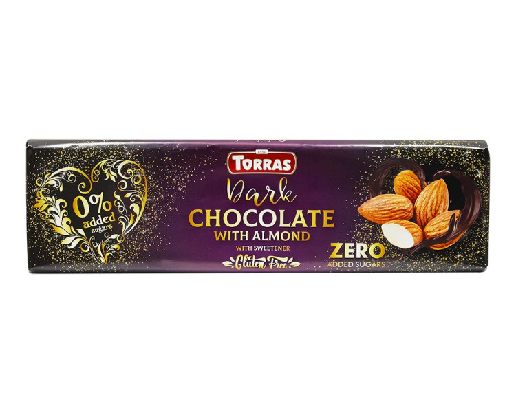 Шоколад чорний TORRAS Zero 52% з мигдалем (БЕЗ САХАРА, БЕЗ ГЛЮТЕНУ), 300 г