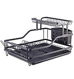 Сушарка для посуду Kamille 57,5х35х27,5см алюмінієва з піддоном (чорна), фото 3