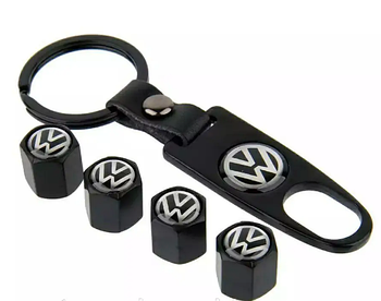 Ковпачки на ніпель, золотник із логотипом VOLKSWAGEN + брелок, чорні (KG-8165)