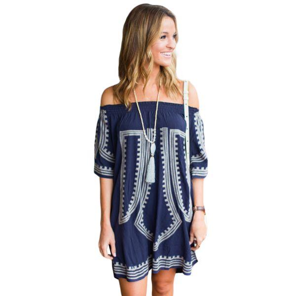 Bohemian Vibe Geometric Print Off The Shoulder Beach Dress Кітті