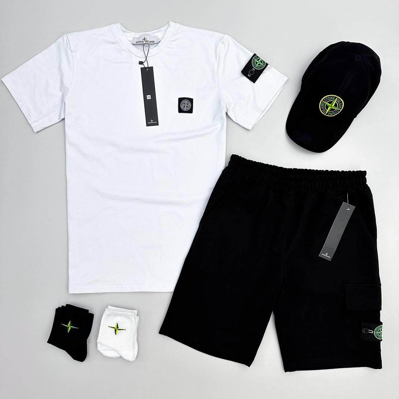 Літній комплект жіночий Stone Island шорти футболка кепка білий-чорний спортивний костюм на літо стон айленд