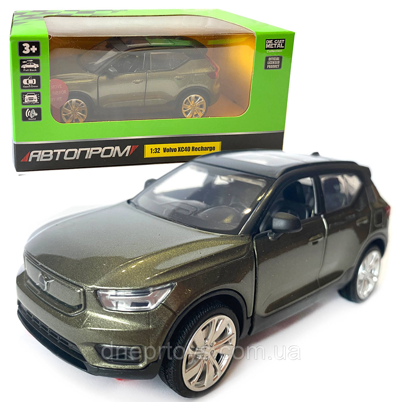 Машина металева Автопром 1:32 Volvo XC40 Recharge, зелена, бат., світло, звук, відкр.двері, 14*5,5*4 см (68411)