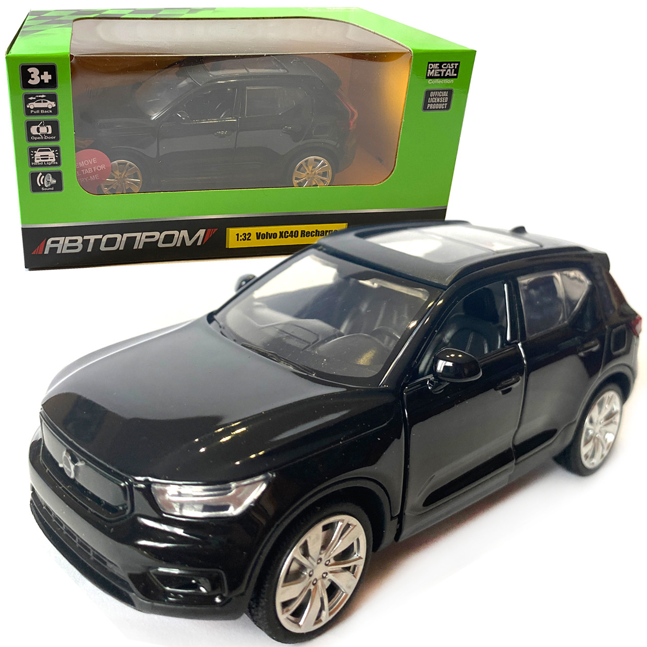Машина металева Автопром 1:32 Volvo XC40 Recharge, чорна, бат., світло, звук, відкр.двері, 14*5,5*4 см (68411), фото 1
