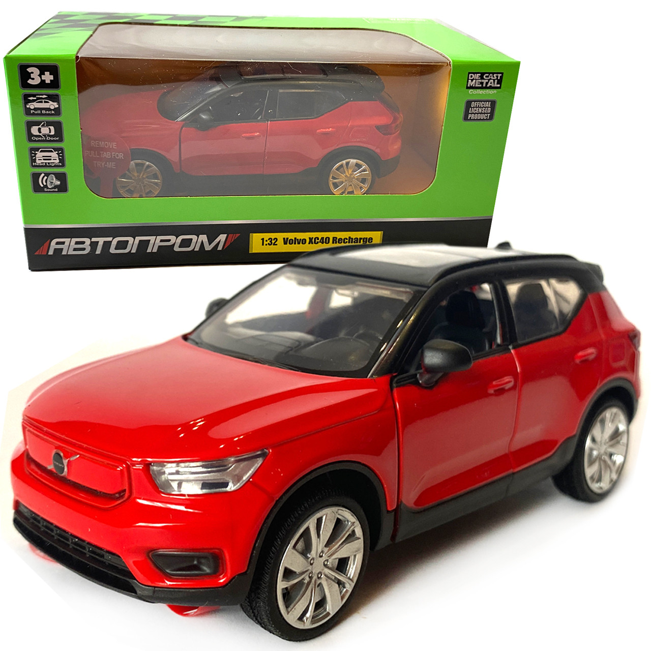 Машина металева Автопром 1:32 Volvo XC40 Recharge, червона, бат., світло, звук, відкр.двері, 14*5,5*4 см (68411), фото 1
