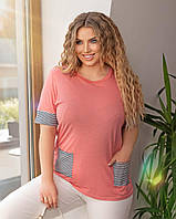 Стильна жіноча літня трикотажна футболка великих розмірів із кишенями (р.48-58). Арт-1038/11 коралова