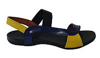 Женские кожаные босоножки на удобной плоской подошве комбинированные желтым и синим цветом 36