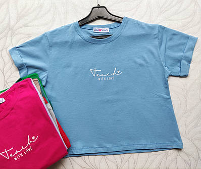 Стильна укорочена футболка- топ з написом - рукав з підкатом - на 42-46 розмір - в кольорах