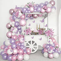Набор 120 шаров для фотозоны Нежность сирени с декоративными бабочками Сирень и розовый