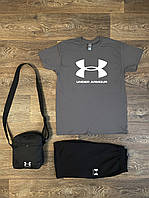 Літній комплект 3 в 1 футболка шорти та сумка Андер Армор сірого та чорного кольору