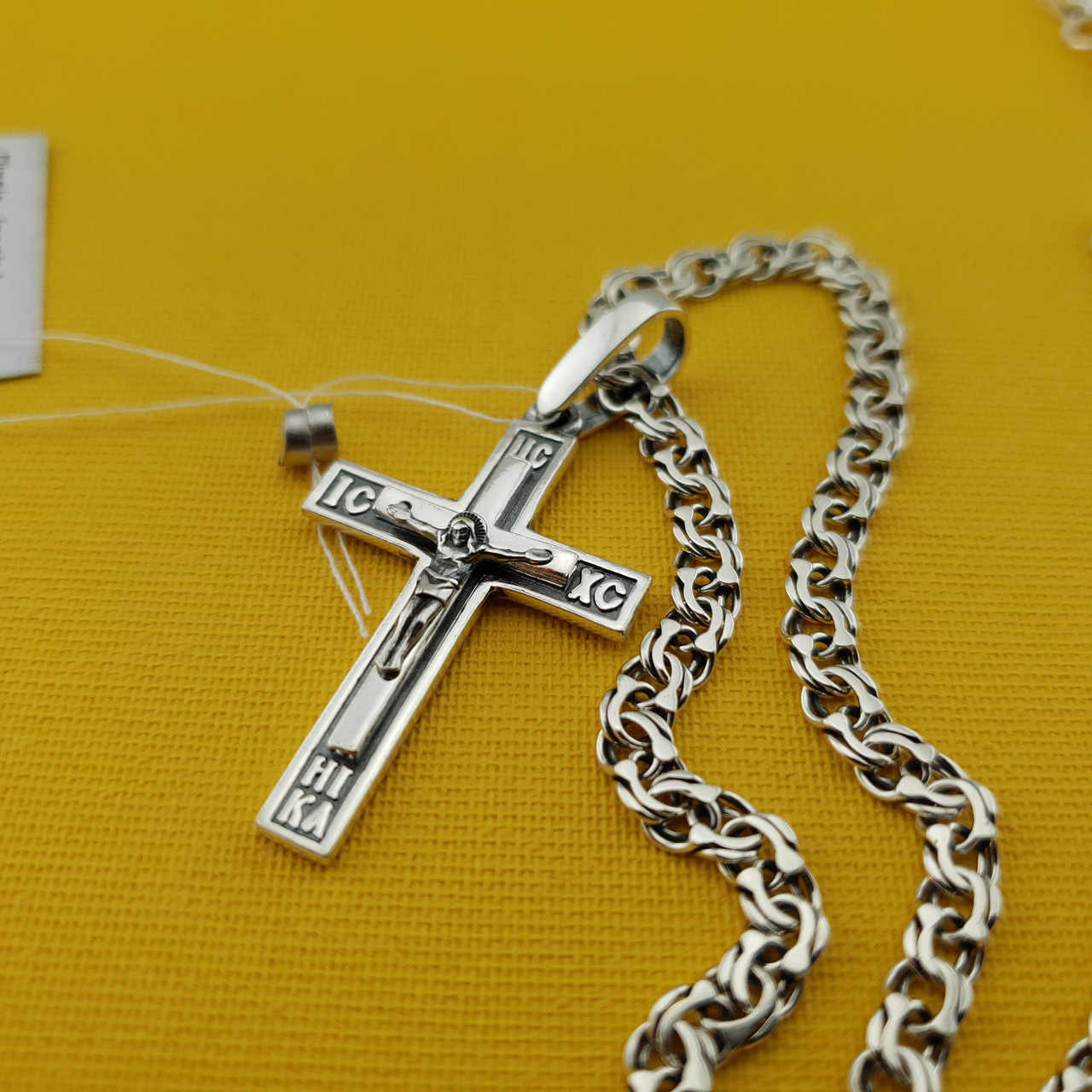 Срібна цепочка з хрестиком чоловіча. Освячений кулон хрестик і тонкий срібний ланцюжок. 55 см, фото 1
