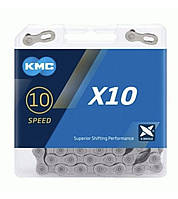 Цепь велосипедная KMC X10 Grey 10 скоростей 114 звеньев серый + замок