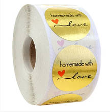 Наліпки на бобіні "Handmade with love" золоті 500шт в рулоні, діаметр 2,5 см ОПТОМ