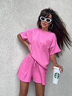 Яркий женский костюм футболка оверсайз и шорты машинная вязка Dmk5480