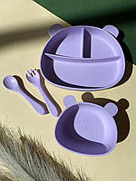 Силиконовая посуда для первого прикорма для девочки из пищевого силикона Фиолетовы :тарелки на присосках Мишка