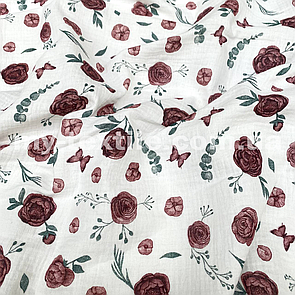 Тканина Муслін жатка принт двосторонній Півоноподібна троянда на білому