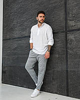 Комплект мужской Рубашка льняная + Брюки в клетку Bast белый-серый | Костюм мужской классический ЛЮКС качества