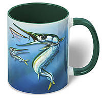 Сувенирная рыболовная Чашка VA Sargan 330мл, зеленый, керамическая, подарок рыбалке, с принтом