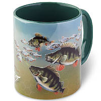 Сувенирная рыболовная Чашка VA Perch Master 330мл, зеленый, керамическая, подарок рыбалке, с принтом