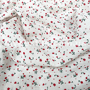 Тканина Муслін жатка принт двосторонній Квіти польові червоні